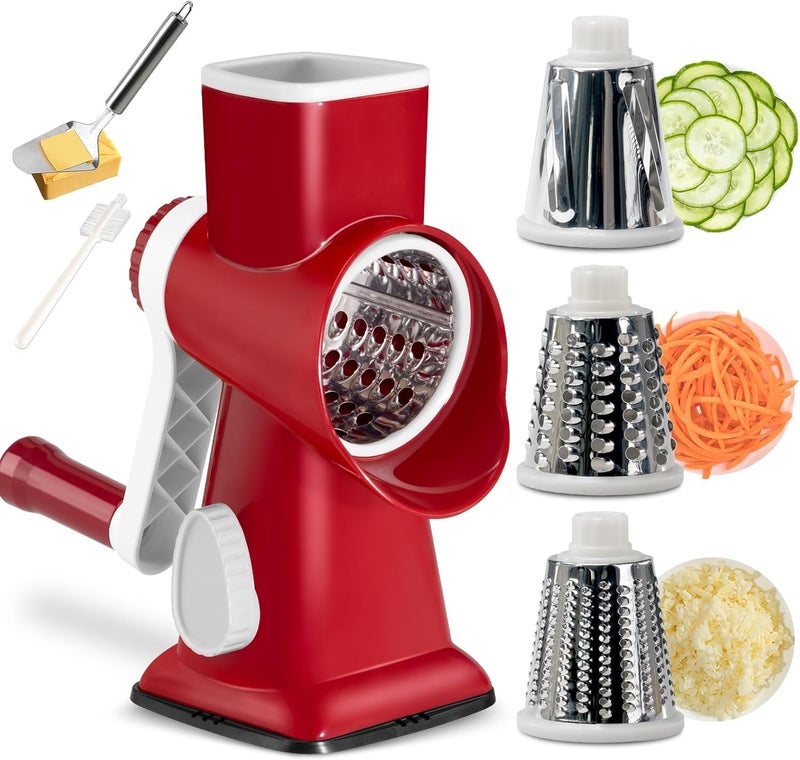 Maxceysen 3 in 1 Manual Vegetable Cutter Machine with Stainless Steel Changeable Blades Rotary Cheese Grater Kitchen Tool Potato Slicer Shredder Nuts Chocolate Chopper (Red white) - Image 1